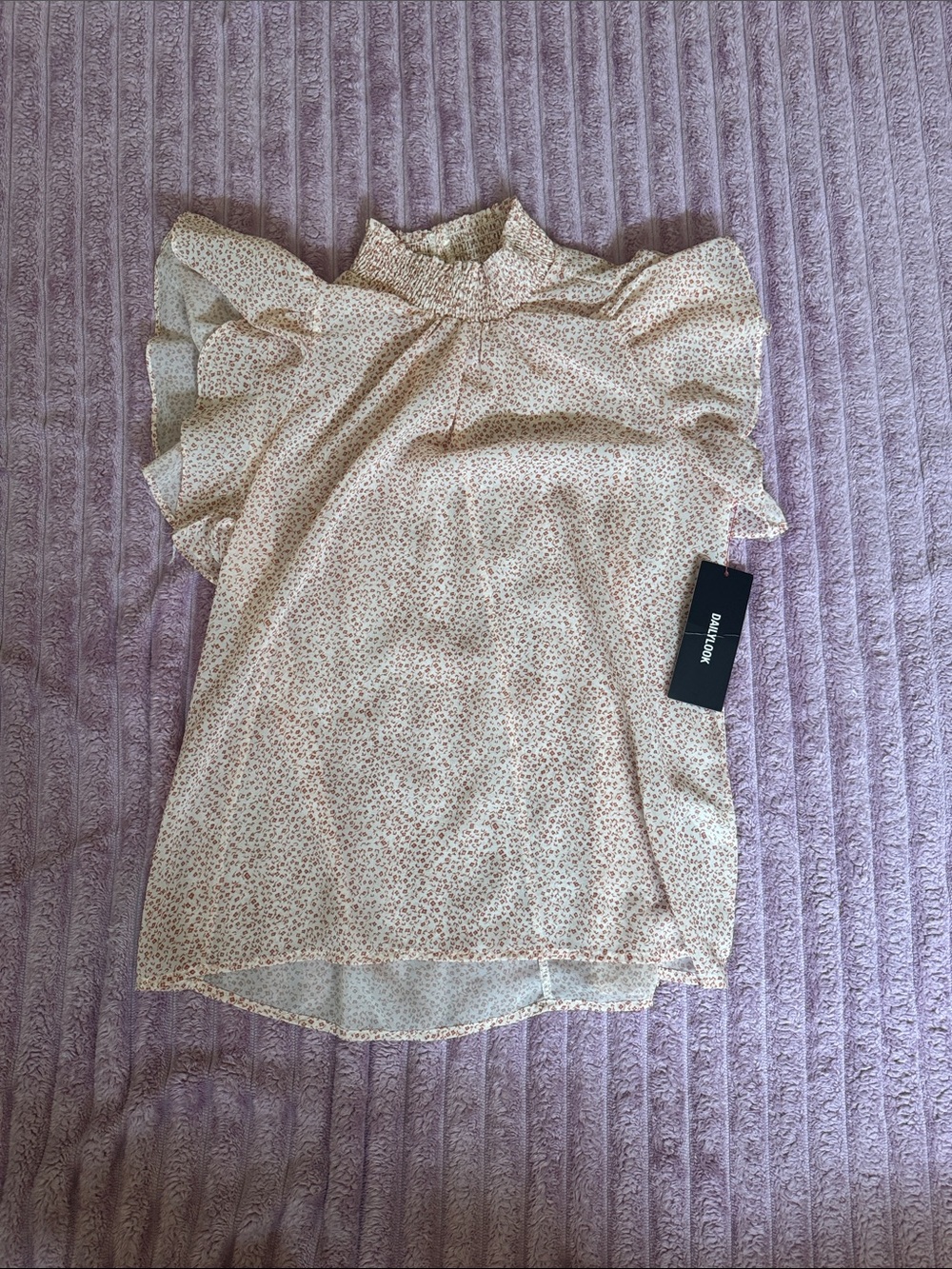 Ruffle Cap Sleeve Mock Neck Blouse in Cream with Blush Floral